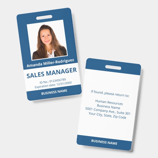 Custom Employee Photo Blue White ID Badge (Front & Back)