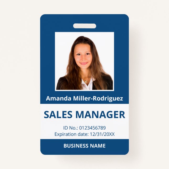 Custom Employee Photo Blue White ID Badge (Front)