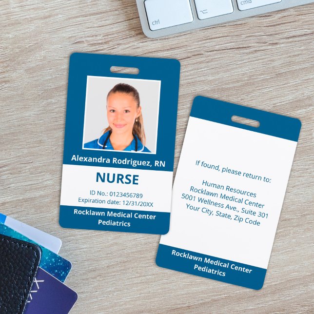Custom Employee Photo Blue White Medical ID Badge (Custom Employee Photo Blue White Medical ID Badge, in situ)