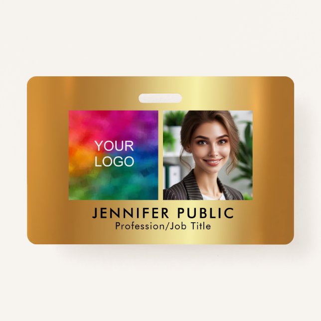 Custom Employee Photo Company Logo Gold Template Badge (Front)