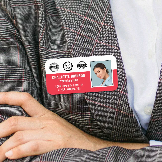 Custom Employee Photo Company Logo Magnetic Red Name Tag | Zazzle