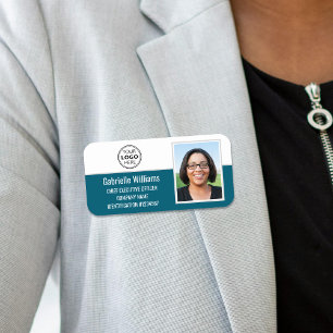Custom Employee Photo Company Logo Teal Magnetic Name Tag