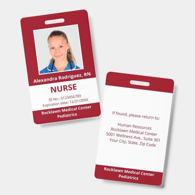 Custom Employee Photo Dark Red White Medical ID Badge (Front & Back)
