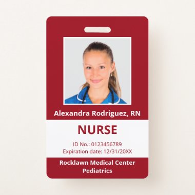 Custom Employee Photo Dark Red White Medical ID Badge