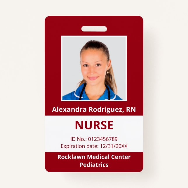 Custom Employee Photo Dark Red White Medical ID Badge (Front)