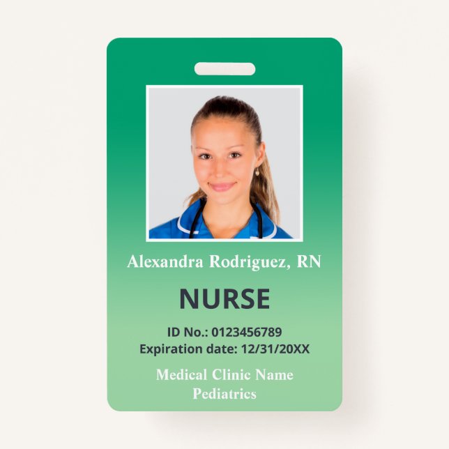 Custom Employee Photo Green Gradient Medical ID Badge (Front)