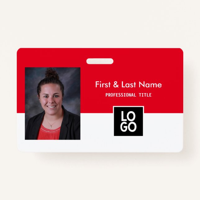 Custom Employee Photo ID Red Minimal Simple ID Badge (Front)