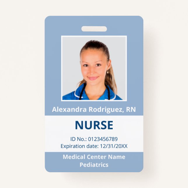 Custom Employee Photo Light Blue White Medical ID Badge (Front)