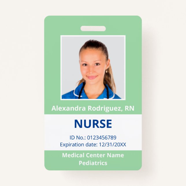 Custom Employee Photo Light Green White Medical ID Badge (Front)