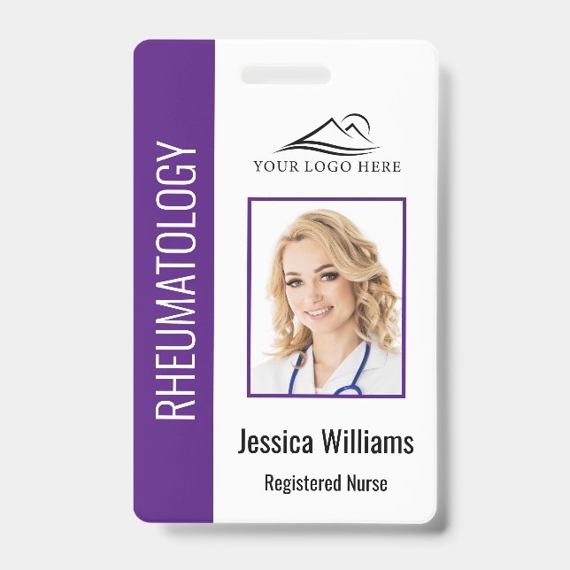Custom Employee Photo Logo Bar Code Name Purple Badge (Front)