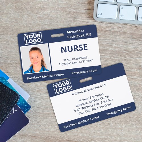 Custom Employee Photo Logo Navy Blue Medical ID Badge