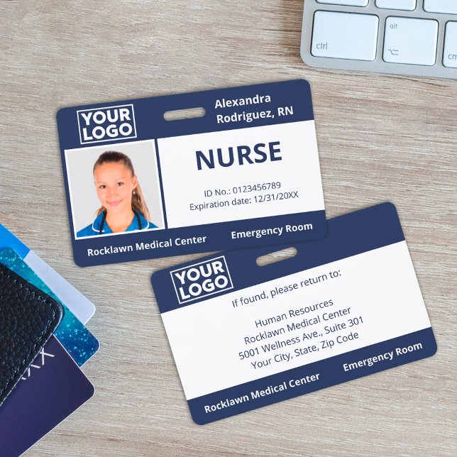 Custom Employee Photo Logo Navy Blue Medical ID Badge (Custom Employee Photo Logo Navy Blue Medical ID Badge, in situ)