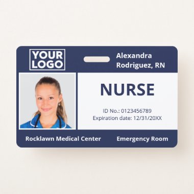Custom Employee Photo Logo Navy Blue Medical ID Badge