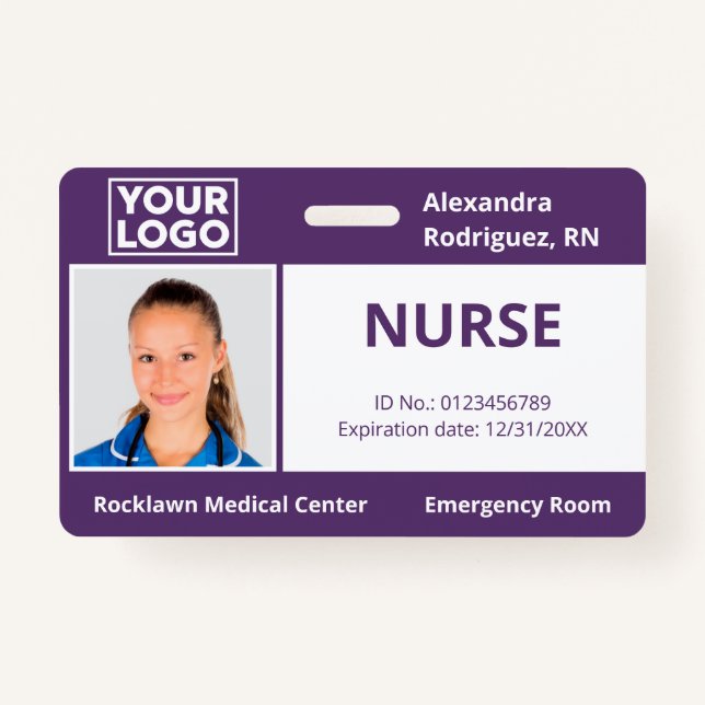 Custom Employee Photo Logo Purple Medical ID Badge (Front)