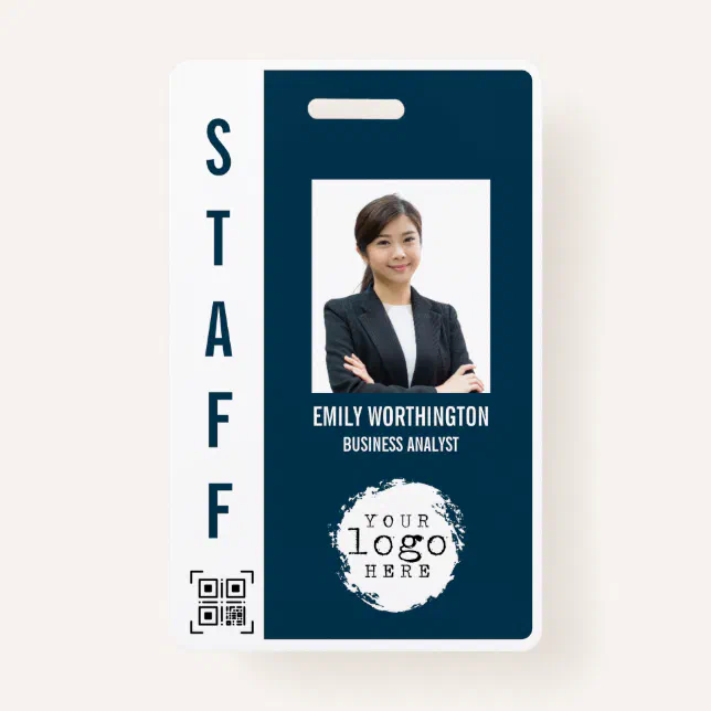 Custom Employee Photo Name Badge QR code Barcode Zazzle