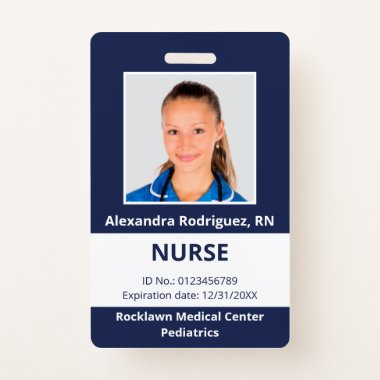Custom Employee Photo Navy Blue White Medical ID Badge