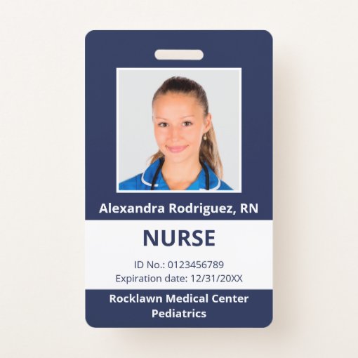 Custom Employee Photo Navy Blue White Medical ID Badge | Zazzle