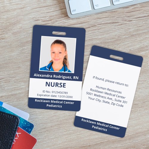 Custom Employee Photo Navy Blue White Medical ID Badge