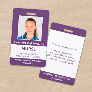 Custom Employee Photo Purple White Medical ID Badge