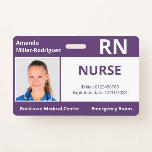 Custom Employee Photo Purple White Medical ID Badge