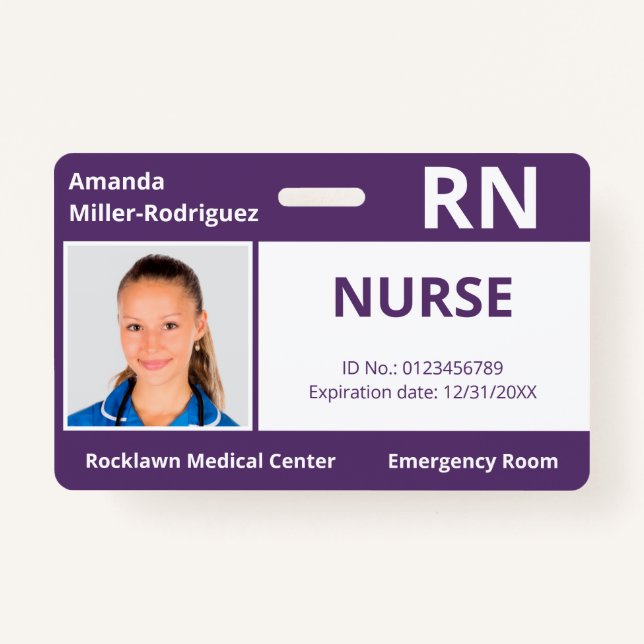 Custom Employee Photo Purple White Medical ID Badge (Front)
