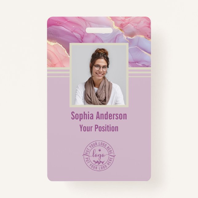Custom Employee Photo QR Code Purple Modern Marble Badge (Front)