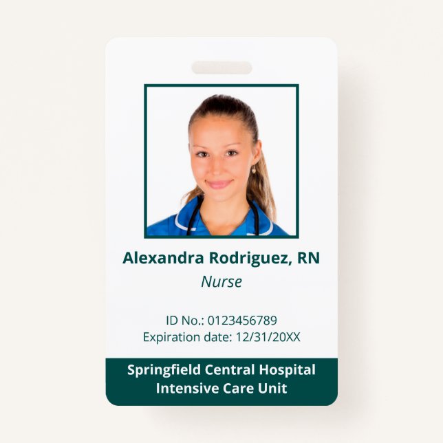 Custom Employee Photo White Blue-Green Hospital ID Badge (Front)
