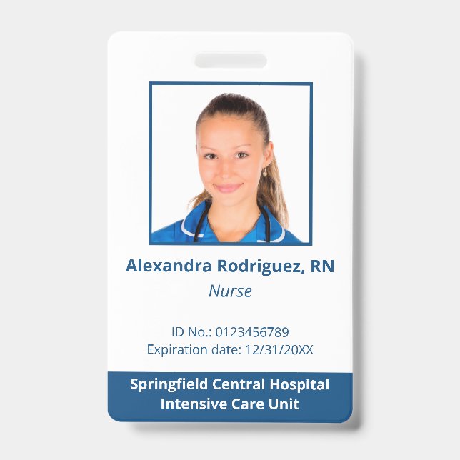 Custom Employee Photo White Blue Medical ID Badge (Front)