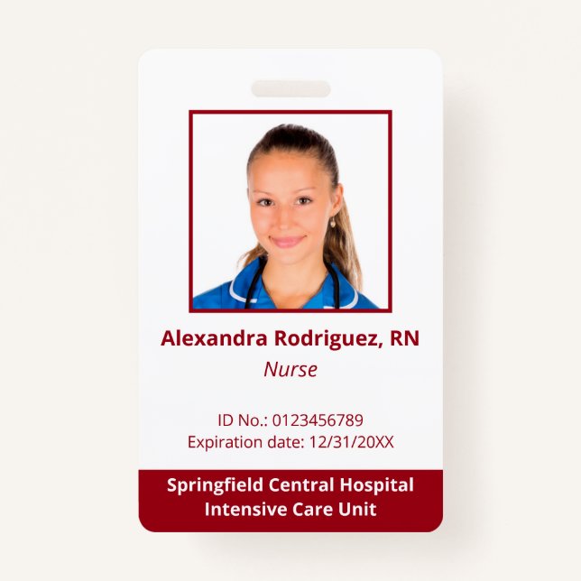 Custom Employee Photo White Red Hospital ID Badge (Front)