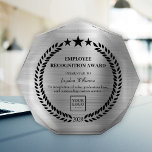 Custom Employee Recognition Trophy Silver Acrylic Award<br><div class="desc">Custom silver metallic style employee recognition acrylic award trophy with a business logo and space to personalize the year, name, and message. Commemorative plaque corporate design with a laurel branch and stars. The logo can be changed for text by clicking the button to edit the design. If you need a...</div>