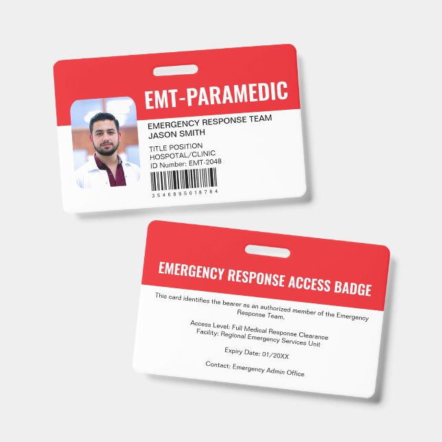Custom EMT Paramedic Emergency Access Red  Badge (Front & Back)