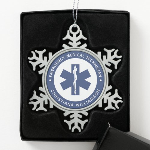 Custom EMT Symbol Emergency Medical Technician Snowflake Pewter Christmas Ornament