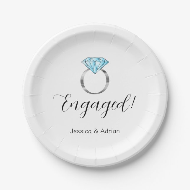 Custom Engaged Blue Diamond Ring Engagement Party Paper Plates (Front)