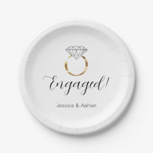 Custom Engaged White Diamond Ring Engagement Party Paper Plates