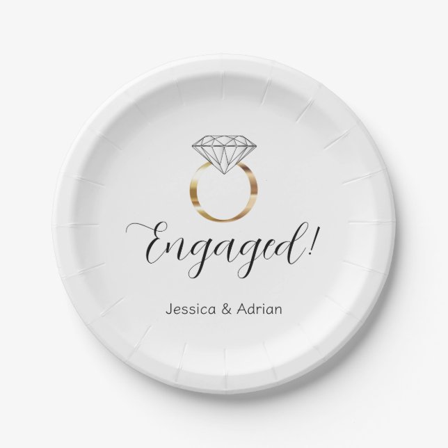 Custom Engaged White Diamond Ring Engagement Party Paper Plates (Front)