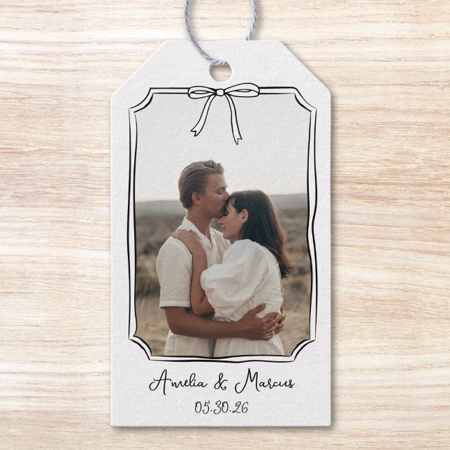 Custom Engagement Photo Coquette Bow Frame Wedding Gift Tags (Creator Uploaded)