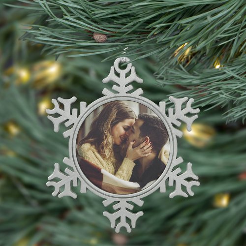 Custom Engagement Photo Snowflake Pewter Christmas Ornament