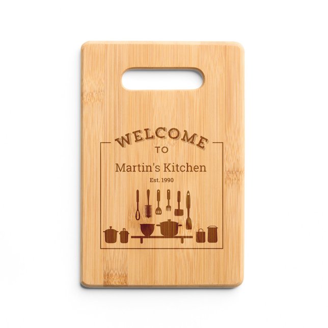 Custom Engraved Name Welcome Kitchen Bamboo Engraved Cutting Board (Welcome Kitchen Cutting Board in hanging position)