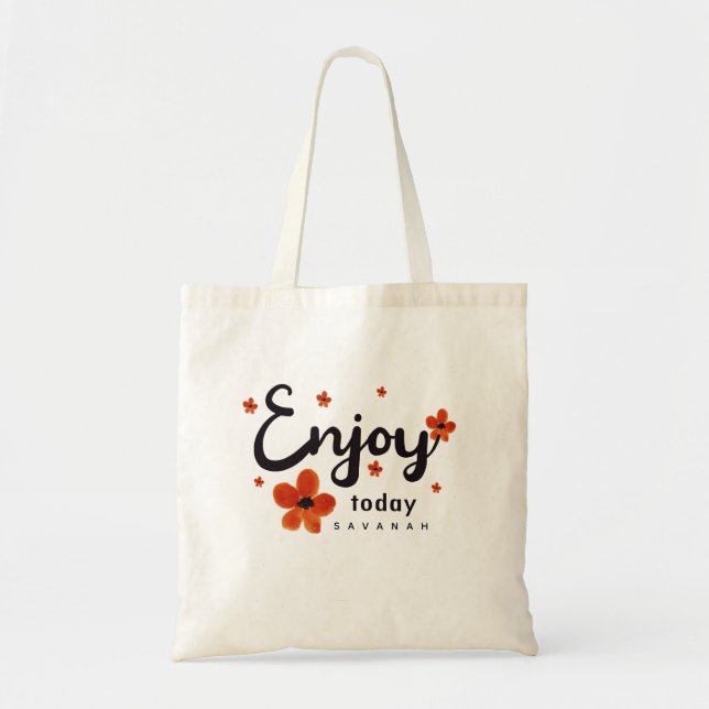 Custom Enjoy Today Motivational Quote ORANGE  Tote Bag (Front)