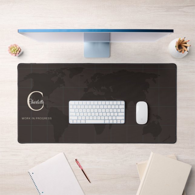 Custom Espresso World Map Monogram Name Luxury Desk Mat (Office 1)