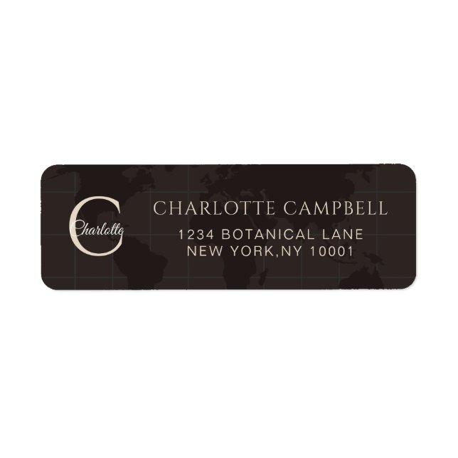 Custom Espresso World Map Monogram Name Luxury Label (Front)