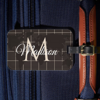 Custom Espresso World Map Monogram Name Luxury Luggage Tag