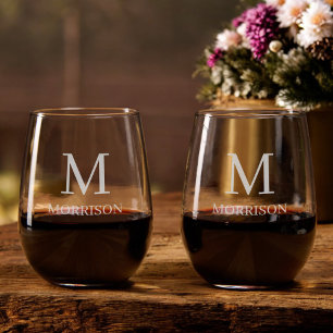 Custom Etched Monogram Engraved Gift Stemless Wine Glass