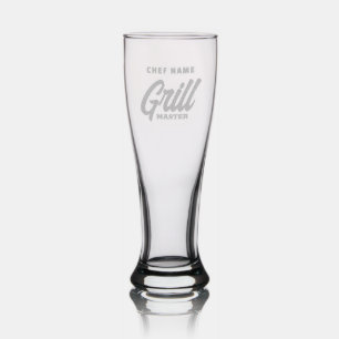 Custom etched pilsner beer glass for BBQ chef