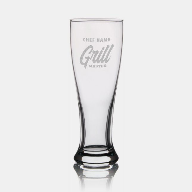 Custom etched pilsner beer glass for BBQ chef (Glassware)