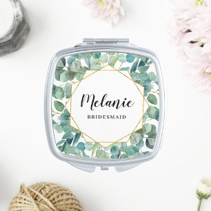 Custom Eucalyptus Gold Bridesmaid Favor Compact Mirror