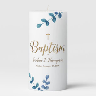 Custom Eucalyptus watercolor Gold Cross Baptism Pillar Candle