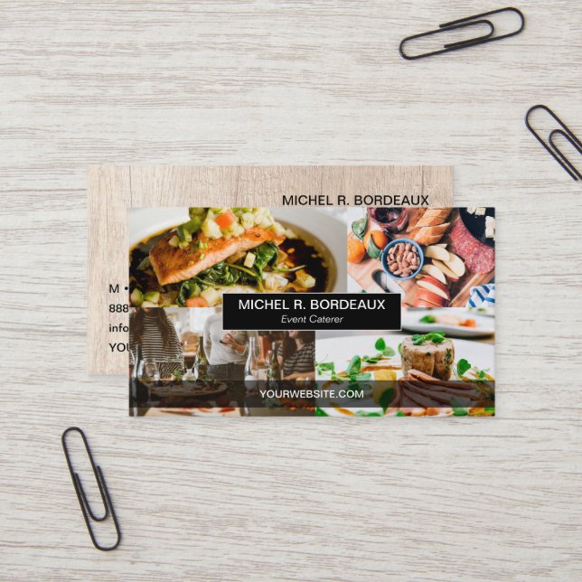 Custom Event Caterer Photo Collage Wood Grain Mod Business Card (Front/Back In Situ)