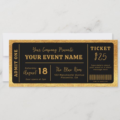 Custom Event Ticket Concert Fake Ticket Black Gold Invitation