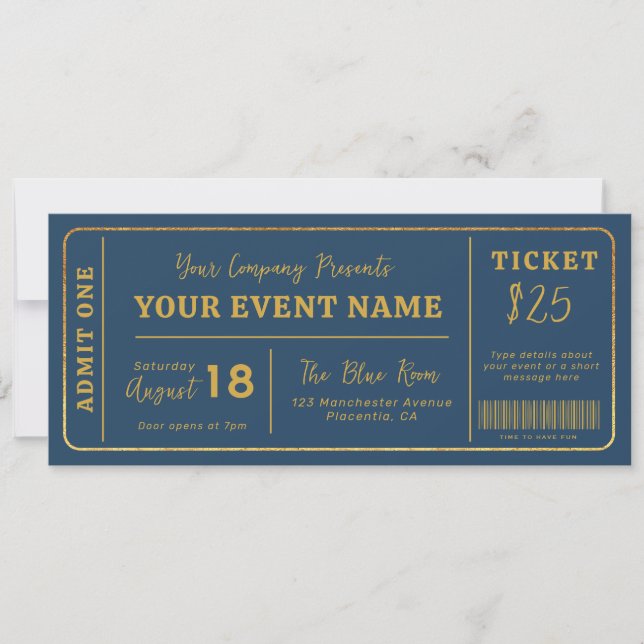 Custom Event Ticket, Concert Fake Ticket Gold Invitation (Front)